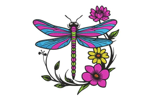 Dragonfly Embroidery with Flowers: A Versatile Design for Etsy Sellers